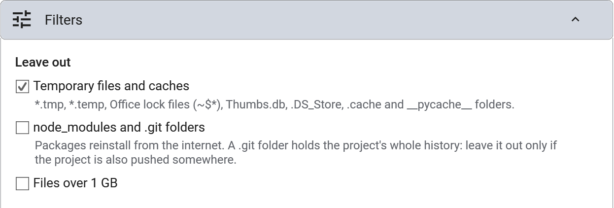 The Filters section of BackupKit's backup settings: Leave out, with Temporary files and caches ticked, node_modules and .git folders, and Files over 1 GB