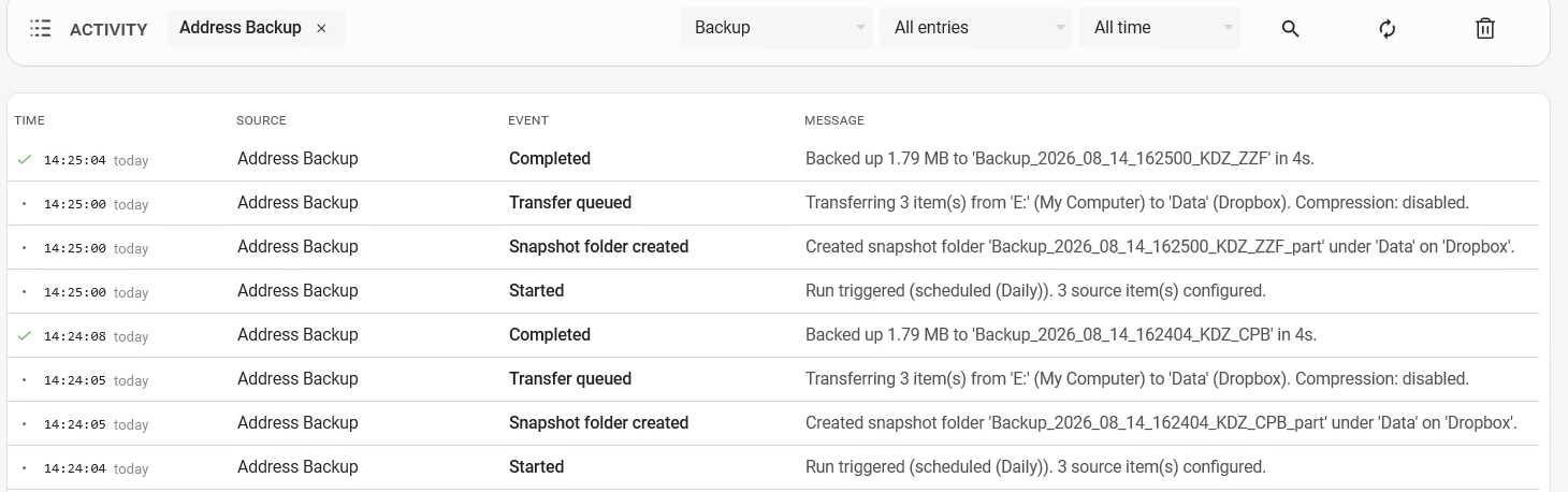 Das Aktivitätsprotokoll von BackupKit, auf ein Backup gefiltert, mit Zeit, Quelle, Ereignis und Meldung je Lauf