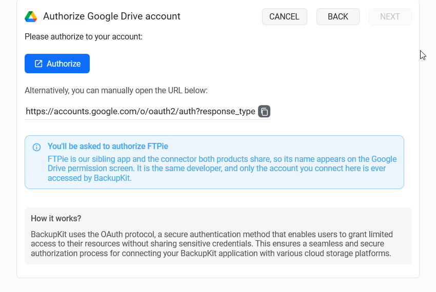 Der Google-Drive-Autorisierungsschritt von BackupKit, mit dem OAuth-Link und einer Erklärung des Berechtigungsdialogs