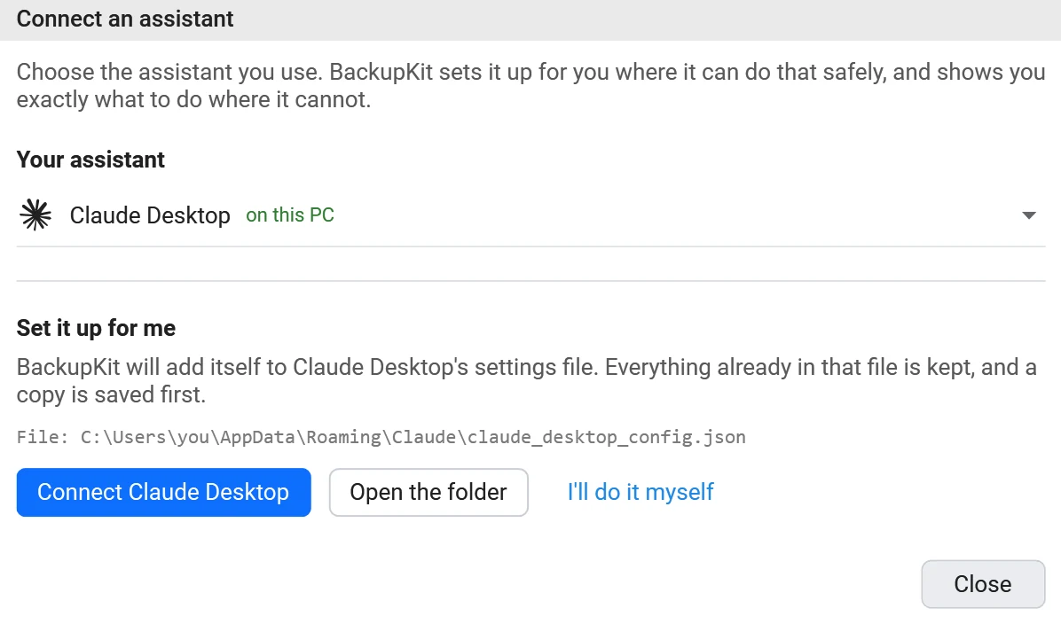 BackupKit's Connect an assistant dialog with Claude Desktop selected and marked as found on this PC, a Connect Claude Desktop button, and the settings file BackupKit will add itself to