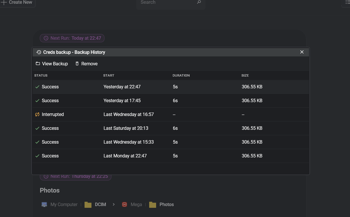 Restore version picker showing multiple backup snapshots