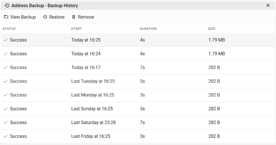 Restore version picker showing multiple backup snapshots