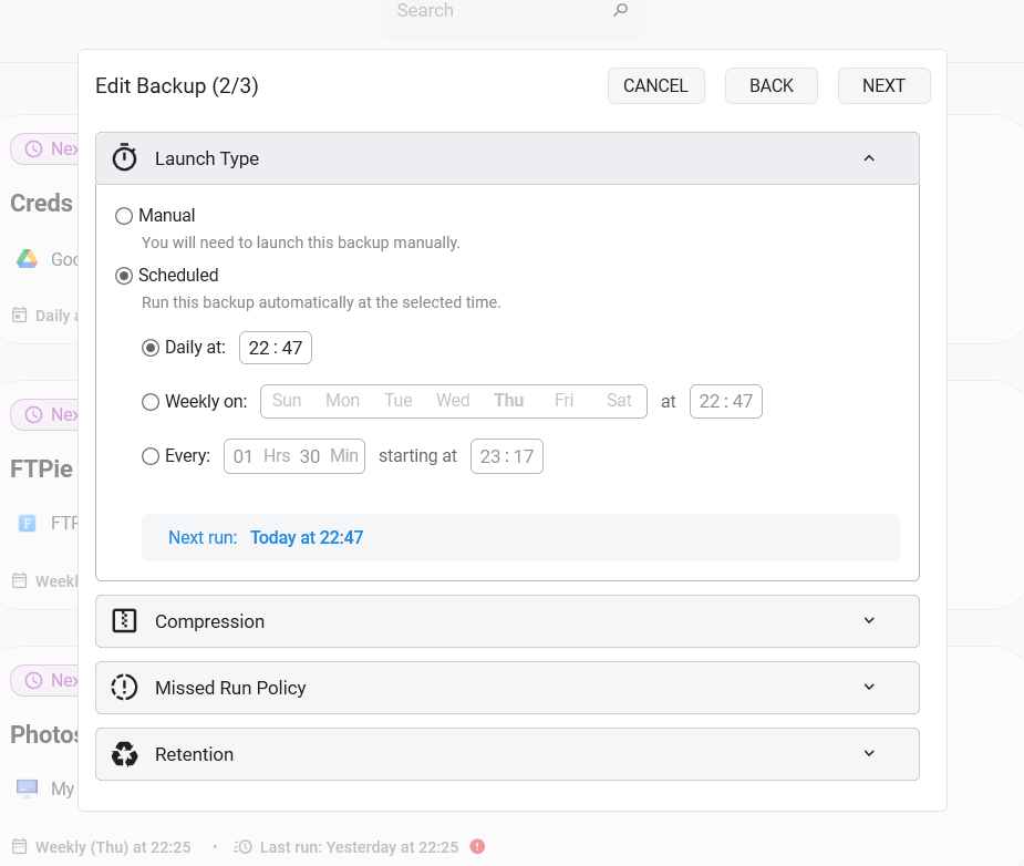 Scheduling modes dialog