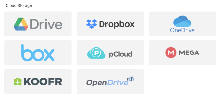 BackupKit cloud storage picker showing Google Drive, Dropbox, OneDrive, Box, pCloud, MEGA, Koofr and OpenDrive