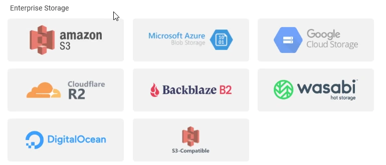 Die Speicherauswahl von BackupKit zeigt Amazon S3, Azure Blob, Google Cloud Storage, Cloudflare R2, Backblaze B2, Wasabi, DigitalOcean und allgemeines S3-kompatibel