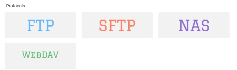 Die Zielauswahl von BackupKit zeigt die Optionen FTP, FTPS, SFTP, WebDAV und Netzwerkfreigabe