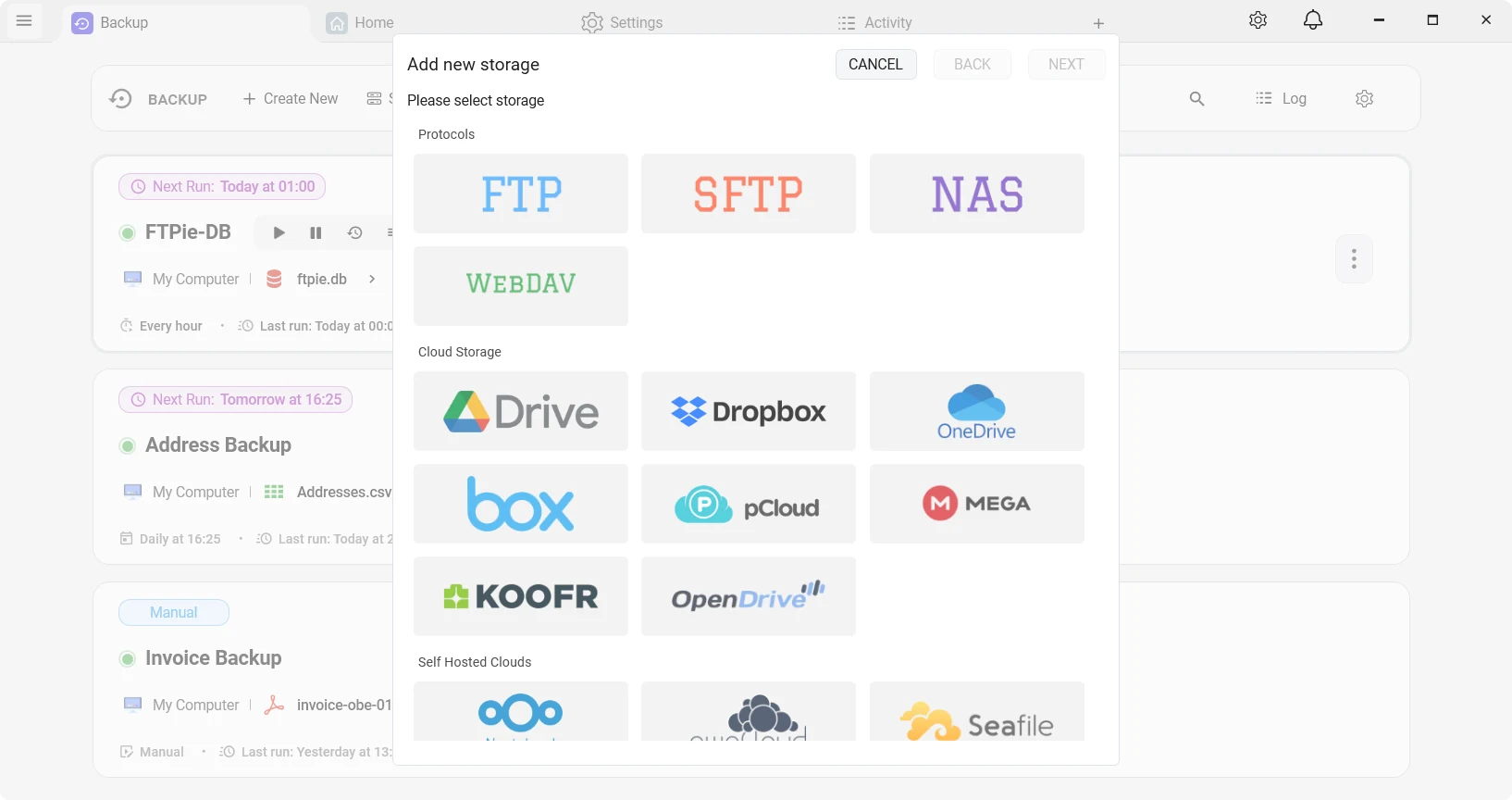 BackupKit storage picker: FTP, SFTP, NAS, WebDAV, Google Drive, Dropbox, OneDrive, Box, pCloud, MEGA, Koofr, OpenDrive and self-hosted clouds